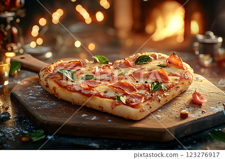 Heart-Shaped Pizza by the Fireplace 123276917