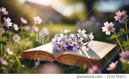 春日陽光下盛開的花朵和一本打開的書，構成一幅奇幻的風景 123276921