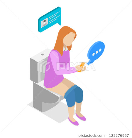 3D Isometric Flat Vector Illustration of Social Media Addiction, People Sitting on Toilet and Chatting with Friends. Item 1 123276967