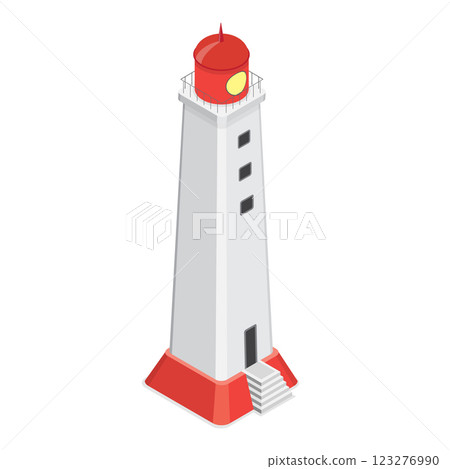 3D Isometric Flat Vector Set of Lighthouses, Searchlight Guide, Marine Navigation Beacons. Item 4 123276990