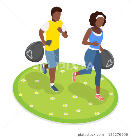 3D Isometric Flat Vector Illustration of Plogging Challenge, Volunteers at Eco Activity. Item 2 123276996