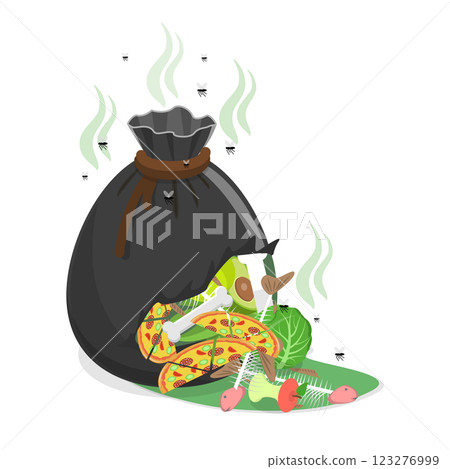 3D Isometric Flat Vector Set of Smelly Trash, Garbage Bags with Rotten Leftovers. Item 1 123276999