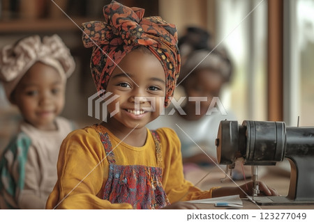 Young girl with a bright smile enjoys sewing lessons in a cozy workshop surrounded by friends in the afternoon sun. Generative AI Young girl with a bright smile enjoys sewing lessons in a cozy workshop surrounded by friends in the afternoon sun. Generative AI 123277049