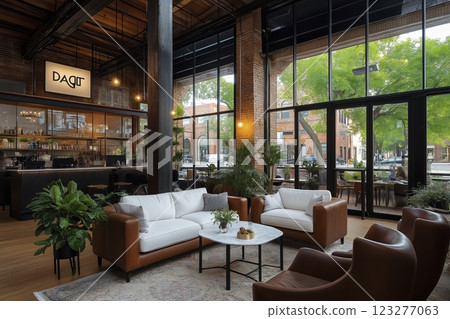 Relaxed urban retreat in a stylish cafe showcasing modern design and inviting greenery during afternoon light. Generative AI 123277063