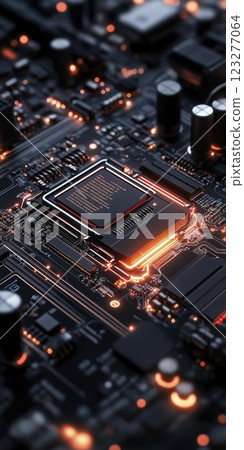 Intricate circuitry glowing with orange light showcases modern technology at its finest in a cutting-edge electronic environment. Generative AI 123277064