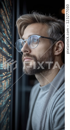 Contemplating digital possibilities while gazing at a vibrant code display in a modern workspace. Generative AI 123277080