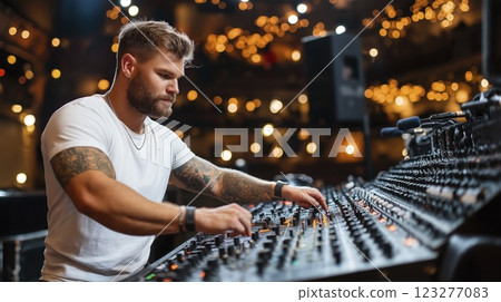 Mixing magic ignites the crowd as a skilled musician perfects sound at an electrifying nighttime event. Generative AI 123277083