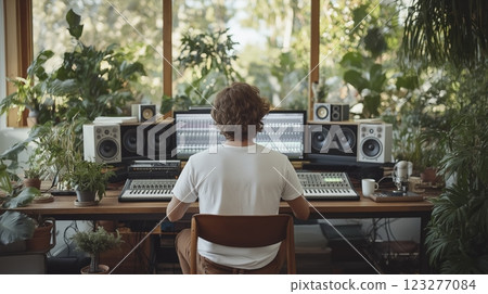 Creating music in a lush green studio surrounded by plants under bright sunlight. Generative AI 123277084