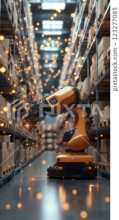 Innovative robotic arm sorting packages in a busy warehouse during twilight hours. Generative AI 123277085