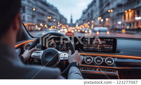 Nighttime drive through a vibrant city filled with shimmering lights and bustling streets. Generative AI 123277087