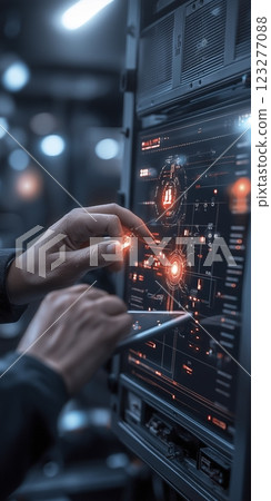 Engaging with futuristic technology in a high-tech control room during late evening hours. Generative AI 123277088