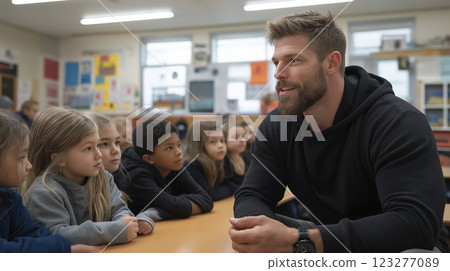 Engaging conversation with children in a vibrant classroom setting during an interactive learning session. Generative AI 123277089