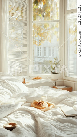 Cozy autumn morning with light streaming through soft curtains in a serene decorated bedroom. Generative AI 123277123