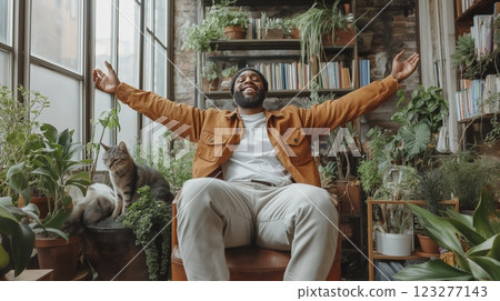 Joyful man enjoying the tranquility of a plant-filled indoor oasis, embracing nature and relaxation on a cozy afternoon. Generative AI Joyful man enjoying the tranquility of a plant-filled indoor oasis, embracing nature and relaxation on a cozy afternoon. Generative AI 123277143