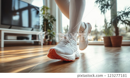 Fresh morning jog captures the essence of fitness and wellness in a sunlit indoor space. Generative AI 123277181
