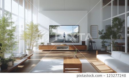 Modern living room with large television showing a person walking on a sunlit path surrounded by lush greenery and soft decor. Generative AI Modern living room with large television showing a person walking on a sunlit path surrounded by lush greenery and soft decor. Generative AI 123277248