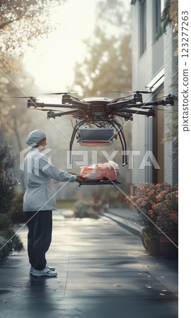Delivery drone hovers above a chef holding a tray of fresh ingredients outside a modern kitchen in an autumn setting. Generative AI 123277263