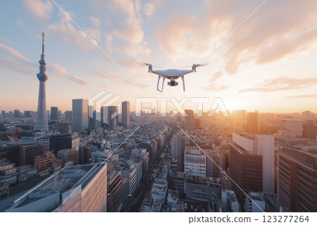 Captivating sunset view over Tokyo skyline with a soaring drone capturing the beauty. Generative AI 123277264
