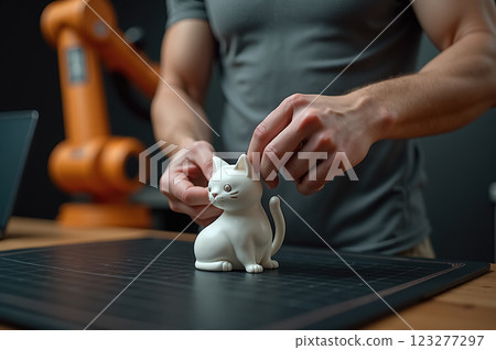 3D Printed Cat Model Being Handled in a Modern Workshop Environment 3D Printed Cat Model Being Handled in a Modern Workshop Environment 123277297