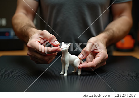 Man Holding 3D Printed Model of Dog Showcasing Intricate Details and Craftsmanship 123277298