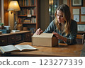 Young Woman Unpacking a Mystery Box in a Cozy Library Setting with Books Surrounding Her 123277339
