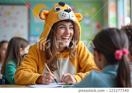 Cheerful Teacher Wearing Lion Costume Engaging Children in Creative Learning Cheerful Teacher Wearing Lion Costume Engaging Children in Creative Learning 123277340