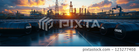 Crude oil trading concept at sunset with barrels and oil refinery backdrop 123277408