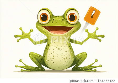 Happy green frog enjoying a sunny day with a bright yellow sign Happy green frog enjoying a sunny day with a bright yellow sign 123277422