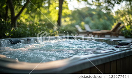 Relaxing moments in garden hot tub surrounded by nature and tranquility 123277434
