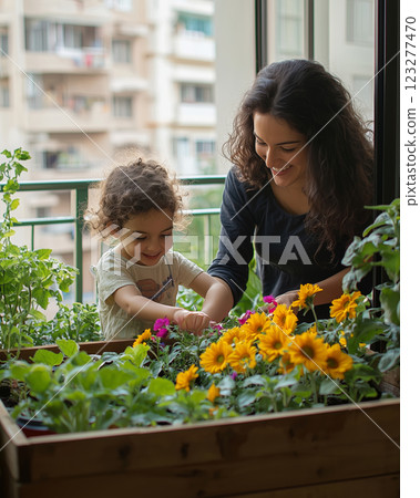 Tending to a blooming garden on a sunny day with joy and laughter 123277470