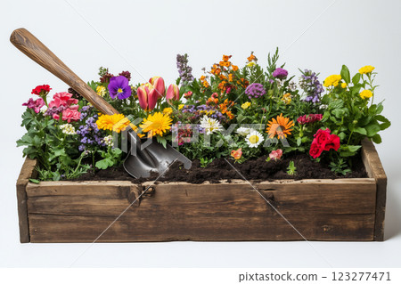 Brightly colored flowers bloom in a wooden garden bed with a shovel 123277471