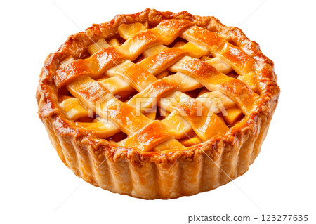 Golden brown lattice-topped apple pie isolated on a transparent background. Classic homemade dessert with a flaky crust and glossy caramelized surface. 123277635