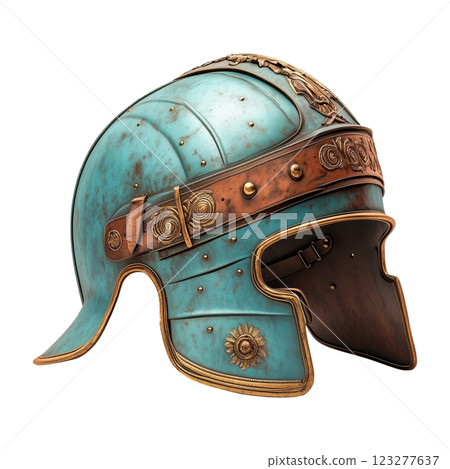 Ancient Roman helmet isolated on a transparent background. Historical metal headgear with intricate engravings, aged patina, and leather details. 123277637