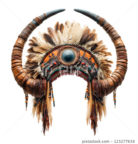Tribal ceremonial headdress with large horns and feathers, isolated on a transparent background. Ornate ethnic war bonnet with beads, leather, and decorative embellishments 123277638