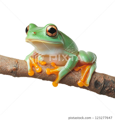 Vibrant green tree frog perched on a branch, isolated on a transparent background. Close-up of a colorful amphibian with bright orange webbed feet, large reflective eyes, and textured skin. 123277647