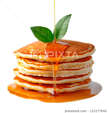 Stack of golden pancakes with maple syrup isolated on a transparent background. Fluffy breakfast pancakes with syrup drizzling down, served on a white plate. 123277648