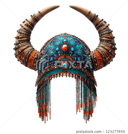 Tribal ceremonial headdress with large horns and feathers, isolated on a transparent background. Ornate ethnic war bonnet with beads, leather, and decorative embellishments 123277650