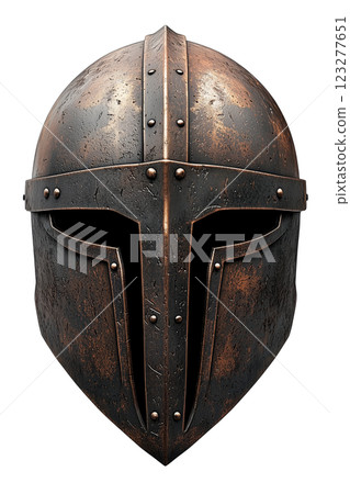 Ancient warrior helmet isolated on a transparent background. Aged bronze medieval battle helmet with a faceplate, historical armor for knights and soldiers. 123277651