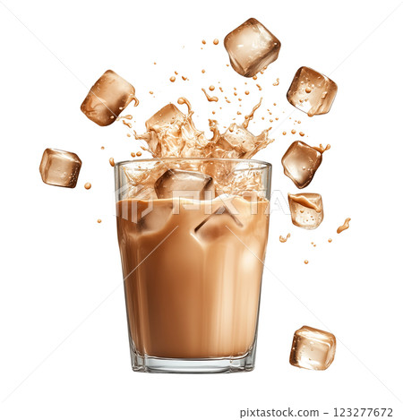 Glass of iced coffee with splashing liquid and floating ice cubes, isolated on a transparent background. Refreshing cold coffee beverage with milk and ice in motion. 123277672