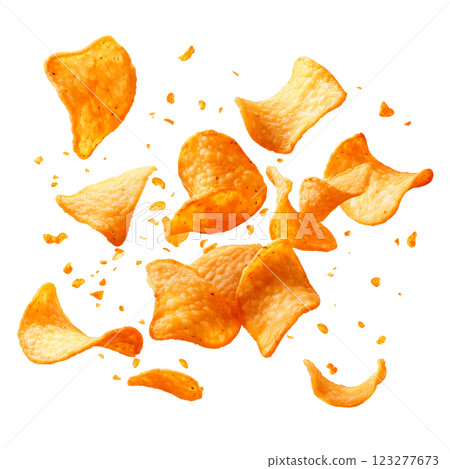 Crispy golden potato chips flying in mid-air, isolated on a transparent background. Thin, crunchy snack pieces with scattered crumbs. 123277673