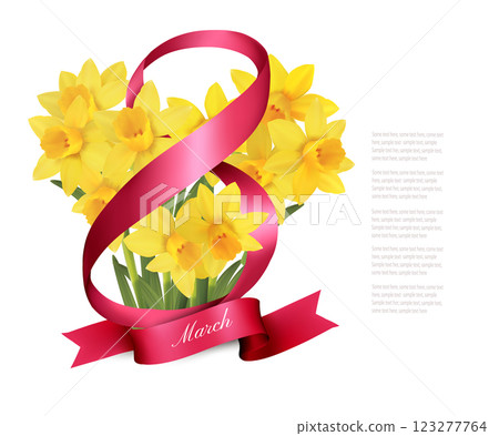 8th March illustration with bouquet of yellow narcissus flowers in shape heart and red ribbon. International Women's Day. Vector. 123277764
