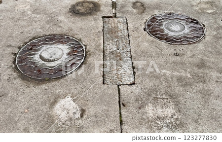 A dirty rusty iron hatch with a pattern is located next to dry grass during the daytime. The water is on the surface of the hatch. Close-up 123277830