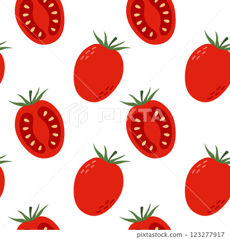 Tomato seamless pattern. Whole and halves red vegetables on white background. Vector illustration. Hand drawn design for fabric print, wallpaper, paper, interior decor and more. Tomato seamless pattern. Whole and halves red vegetables on white background. Vector illustration. Hand drawn design for fabric print, wallpaper, paper, interior decor and more. 123277917