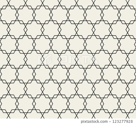 Seamless geometric pattern with hexagonal shape in black lines style on light background. Vector 123277928
