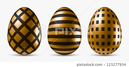 Golden Easter eggs with black patterns in different designs. Vector egg objects isolated on white 123277934