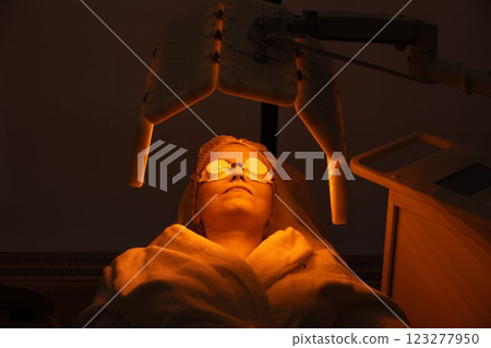 Relaxing skincare treatment with focused light in wellness studio Relaxing skincare treatment with focused light in wellness studio 123277950