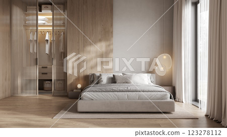 Stylish bedroom interior with closet and wooden panel, 3D Rendering Stylish bedroom interior with closet and wooden panel, 3D Rendering 123278112