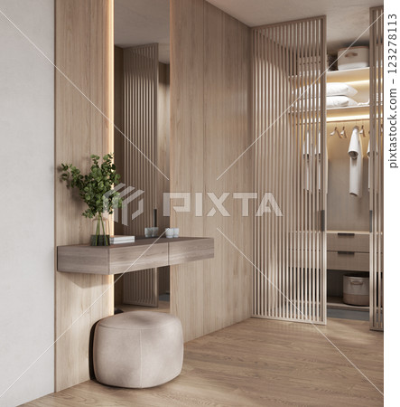 Bedroom interior with vanity table and closet, 3d visualization 123278113