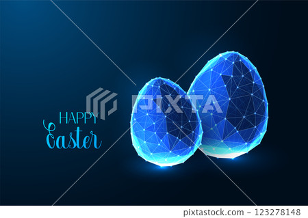 Happy Easter digital greeting card or web banner with glowing Easter eggs on dark blue background Happy Easter digital greeting card or web banner with glowing Easter eggs on dark blue background 123278148