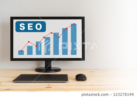 螢幕上顯示向上傾斜的圖表和單字 SEO 螢幕上顯示向上傾斜的圖表和單字 SEO 123278149